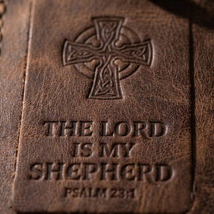 The Lord is My Shepherd Leather Luggage Tag — Christian Gift, Full-Grain Cowhide, Jordan Brown image 3