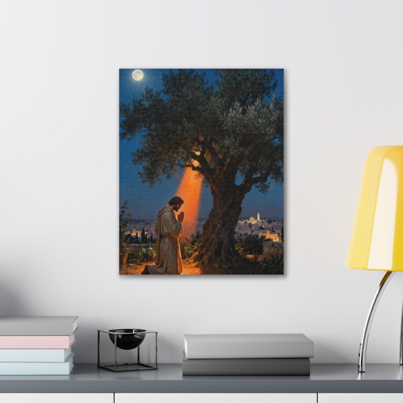 Garden of Gethsemane Canvas Wall Art | Luke 22:41 Jesus Praying at Night, Not My Will Painting, Christian Gift Bild 7