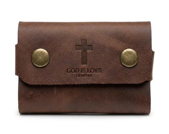Pastor Appreciation Gift, God Is Love Leather Snap Card Holder, Christian Gift for Pastor or Minister, Full Grain Leather