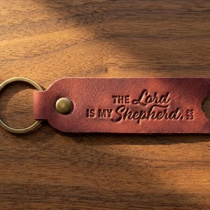 The Lord Is My Shepherd Leather Flat Keychain — Christian Gift, Full-Grain Cowhide, Pentecost Red image 1