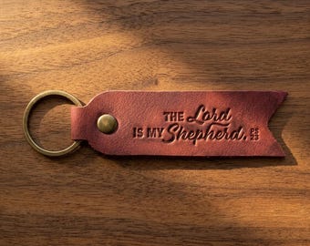 The Lord Is My Shepherd Leather Flat Keychain — Christian Gift, Full-Grain Cowhide, Pentecost Red