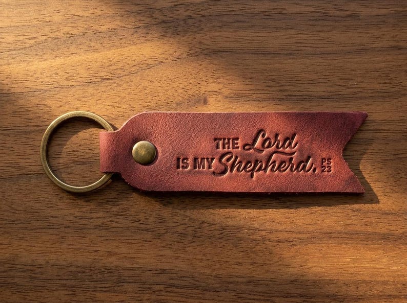 The Lord Is My Shepherd Leather Flat Keychain — Christian Gift, Full-Grain Cowhide, Pentecost Red image 1