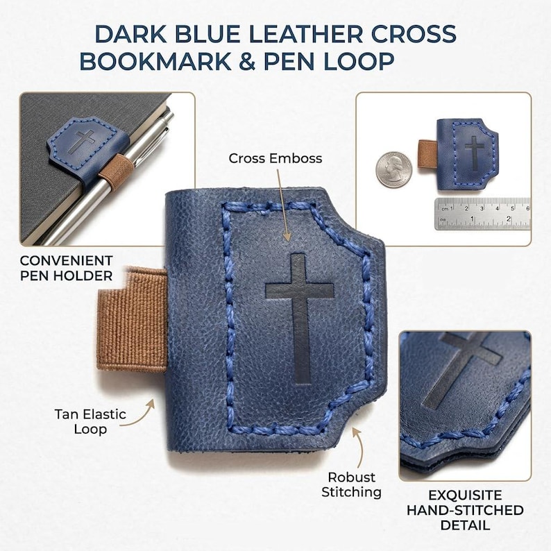 Hand-stitched Leather Bookmark Set, Magnetic Cross Bible Page Markers, Pen Holder image 5