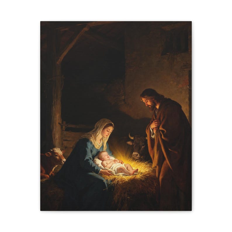 Nativity Canvas Wall Art | Holy Family Manger Scene, Christmas Christian Decor, Luke 2:7 Nativity Painting, Faith Gift image 5