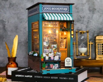 Soul Bookstore Book Nook Kit, DIY Wooden Bookshelf Insert with LED Light, Cozy Bookshop Miniature Craft Kit for Adults, Reader Gift