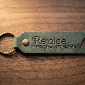 Rejoice in the Lord Always Leather Flat Keychain — Christian Gift, Full-Grain Cowhide, Eden Green image 1