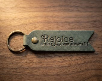 Rejoice in the Lord Always Leather Flat Keychain — Christian Gift, Full-Grain Cowhide, Eden Green