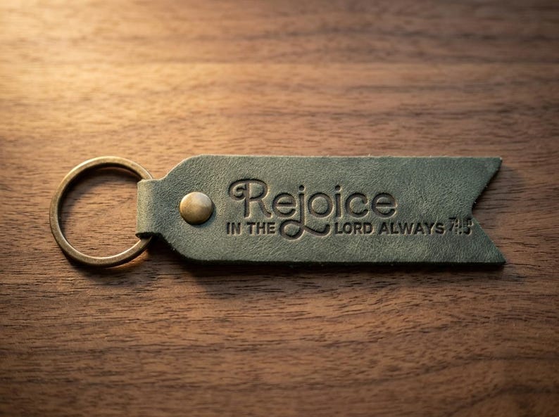 Rejoice in the Lord Always Leather Flat Keychain — Christian Gift, Full-Grain Cowhide, Eden Green image 1