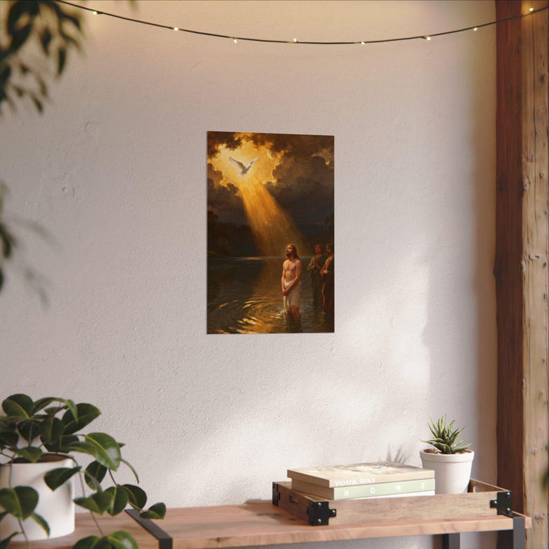 Póster del Bautismo de Jesús / Paloma descendiendo al Jordán, Mateo 3:16. Arte mural cristiano, lámina de regalo para bautizo. imagen 5