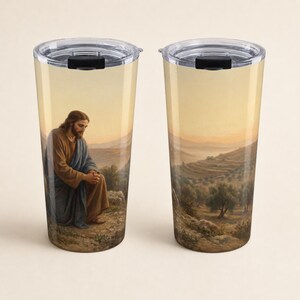Jesus Praying 20 oz Stainless Steel Tumbler: Christian Wraparound Art image 6