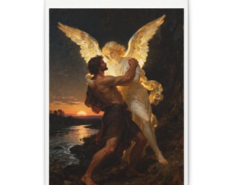 May include: A canvas print depicting a painting of a muscular person in a dark loincloth wrestling with a luminous, winged angel in a white robe. The scene is set outdoors near a river at sunset, with golden light illuminating the figures.