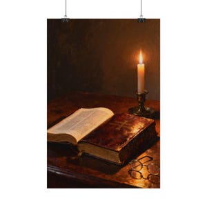 Open Bible Poster | Candlelit Scripture Still Life, Psalm 119:105 Lamp Unto My Feet Wall Art, Bible Study Gift Print image 2