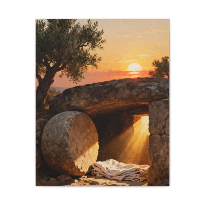 He Is Risen Canvas Wall Art | Empty Tomb at Sunrise, Easter Christian Decor, Matthew 28:6 Resurrection Art, Faith Gift image 9