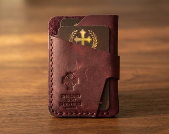 The Lord Is My Shepherd Leather Vertical Card Holder — Christian Gift, Full-Grain Cowhide, Pentecost Red