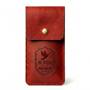 Be Still and Know Leather Pen Sleeve Case — Christian Gift, Full-Grain Cowhide, Pentecost Red image 5