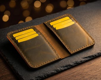 Hand-stitched Brown Leather Card Holder, Slim Minimalist Wallet for Men Women