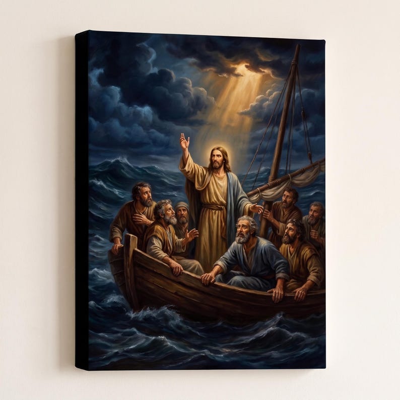 Peace Be Still Canvas Wall Art | Jesus Calming the Storm, Christian Home Decor, Mark 4:39 Bible Art, Faith Gift, Prayer Room image 4