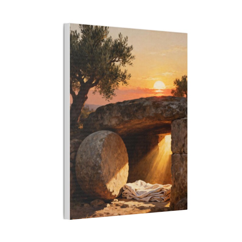 He Is Risen Canvas Wall Art | Empty Tomb at Sunrise, Easter Christian Decor, Matthew 28:6 Resurrection Art, Faith Gift image 2