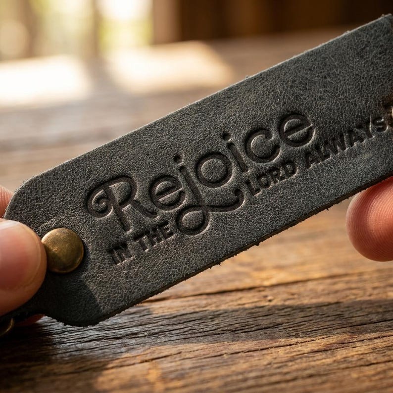 Rejoice in the Lord Always Leather Flat Keychain — Christian Gift, Full-Grain Cowhide, Eden Green image 5