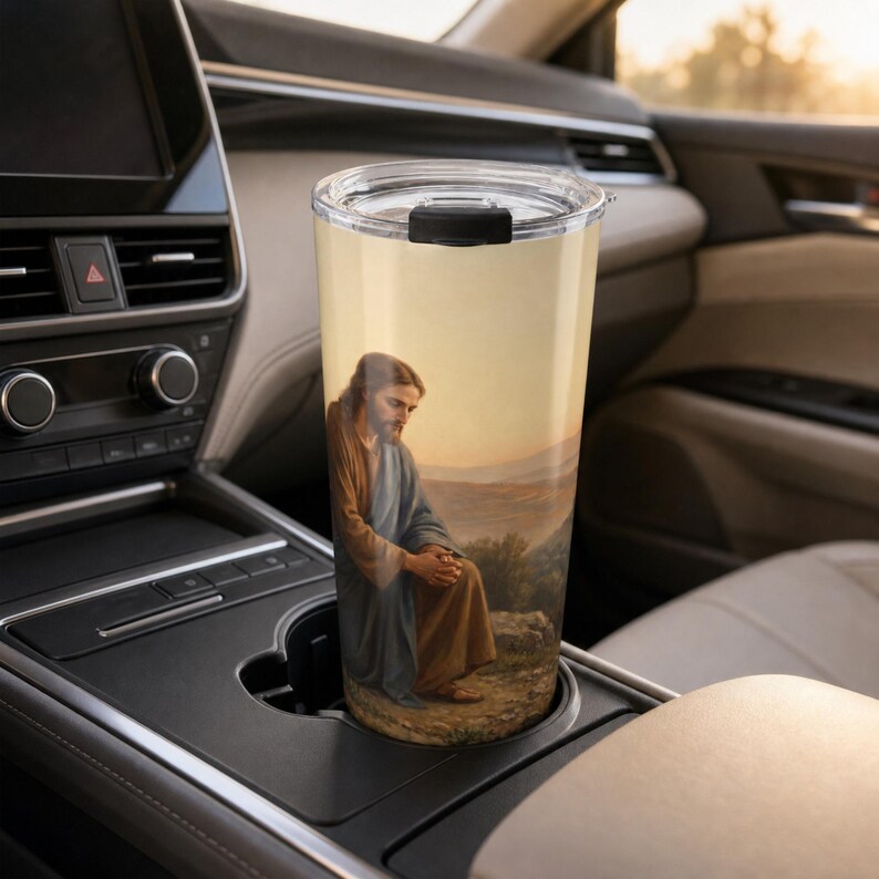 Jesus Praying 20 oz Stainless Steel Tumbler: Christian Wraparound Art image 8
