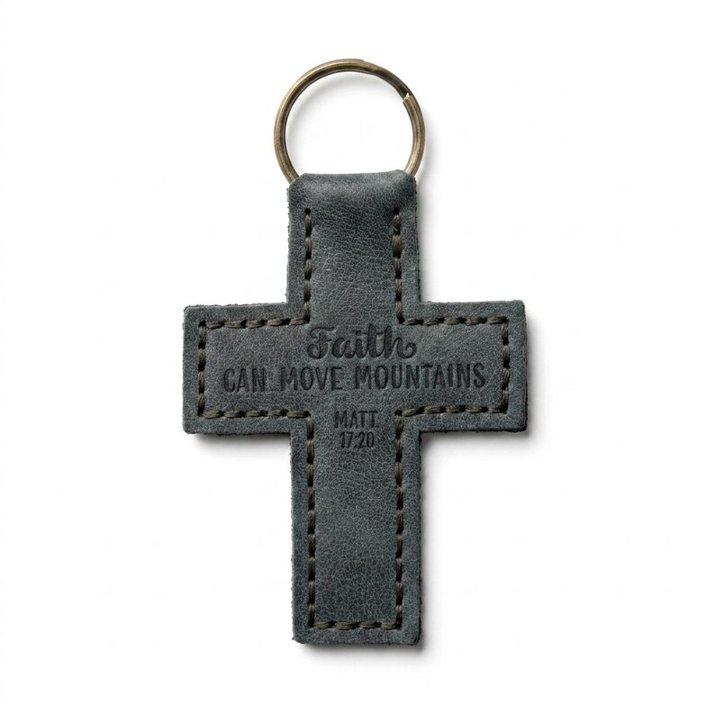 Faith Can Move Mountains Leather Cross Keychain — Christian Gift, Full-Grain Cowhide, Eden Green image 2