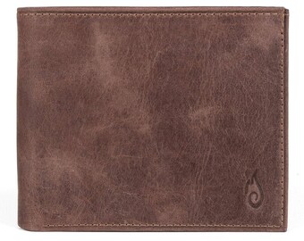 May include: A brown leather bifold wallet with a smooth, matte finish and visible stitching along the edges. The bottom right corner features a small, embossed flame-shaped logo. The wallet has a rectangular shape with rounded corners.