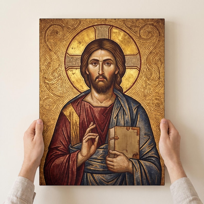 Icona di Cristo Pantocratore su tela tesa / Opera d'arte religiosa da parete immagine 2