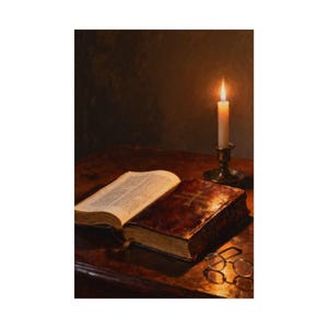 Open Bible Poster | Candlelit Scripture Still Life, Psalm 119:105 Lamp Unto My Feet Wall Art, Bible Study Gift Print image 1