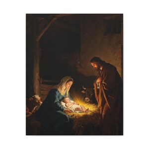 Nativity Canvas Wall Art | Holy Family Manger Scene, Christmas Christian Decor, Luke 2:7 Nativity Painting, Faith Gift image 9