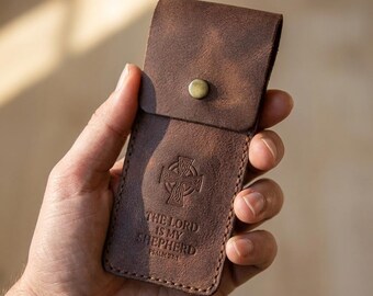 Pastor Appreciation Gift, The Lord Is My Shepherd Leather Pen Sleeve Case, Christian Gift for Pastor or Minister, Full Grain Leather