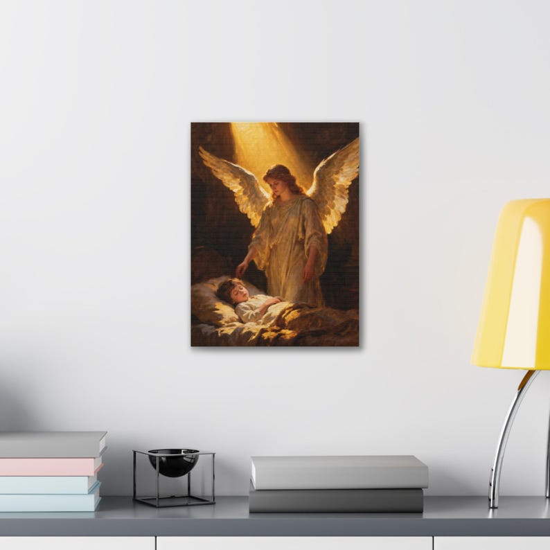 Guardian Angel Canvas Wall Art | Sleeping Child Nursery Decor, Psalm 91:11 Christian Baby Gift, Baptism Keepsake Art afbeelding 3