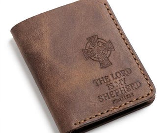 Pastor Appreciation Gift, The Lord Is My Shepherd Minimalist Leather Wallet, Christian Gift for Pastor or Minister, Full Grain Leather