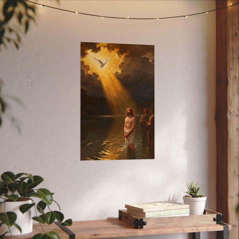 Póster del Bautismo de Jesús / Paloma descendiendo al Jordán, Mateo 3:16. Arte mural cristiano, lámina de regalo para bautizo. imagen 10