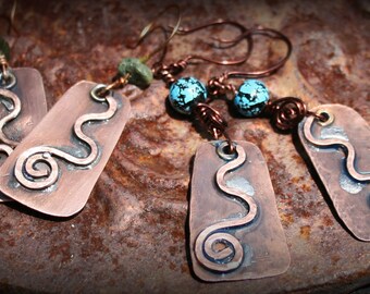 Hand Forged Copper Dangle Earrings with a Swirl