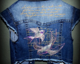 Embroidered Cropped Denim Vest with Paris Love Letter Theme, Postmark, France, OOAK, Frayed, Sleeveless