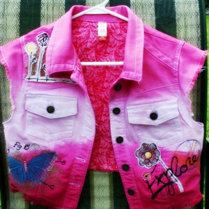 Hand Dyed Ombre' Style Embroidered Entomology Fuchsia & White Denim Vest image 3