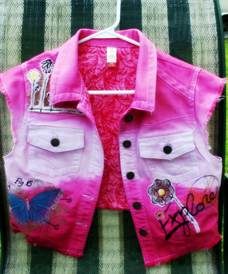 Hand Dyed Ombre' Style Embroidered Entomology Fuchsia & White Denim Vest image 3