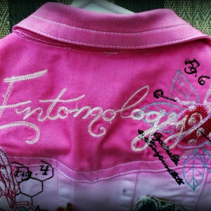 Hand Dyed Ombre' Style Embroidered Entomology Fuchsia & White Denim Vest image 1