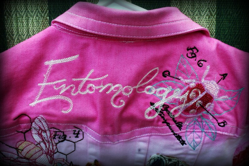 Hand Dyed Ombre' Style Embroidered Entomology Fuchsia & White Denim Vest image 1