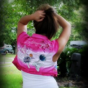 Hand Dyed Ombre' Style Embroidered Entomology Fuchsia & White Denim Vest image 2