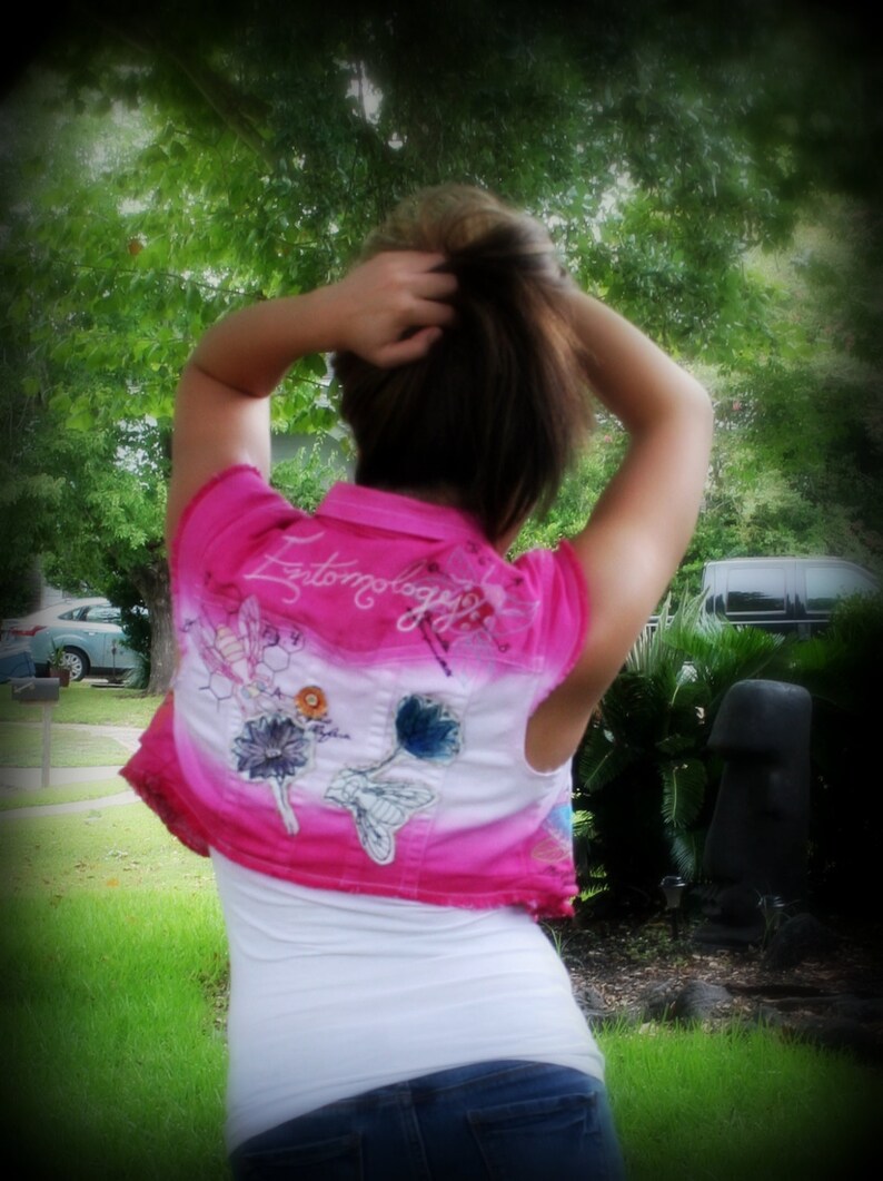 Hand Dyed Ombre' Style Embroidered Entomology Fuchsia & White Denim Vest image 2