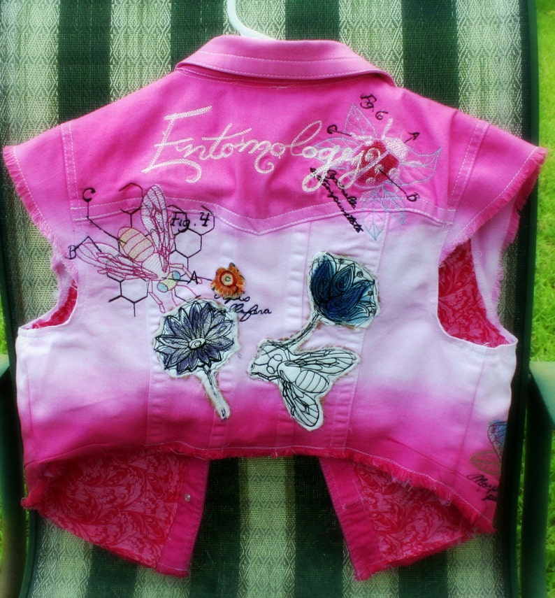 Hand Dyed Ombre' Style Embroidered Entomology Fuchsia & White Denim Vest image 4