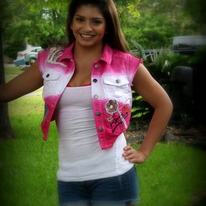 Hand Dyed Ombre' Style Embroidered Entomology Fuchsia & White Denim Vest image 5