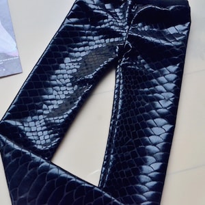 May include: Black faux leather trousers with a snakeskin pattern.