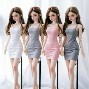 May include: Four articulated dolls with long brown hair, each wearing a sleeveless mini dress in a different solid color: white, light gray, soft pink, and dark gray. Each doll is supported by a black metal stand on a flat base.