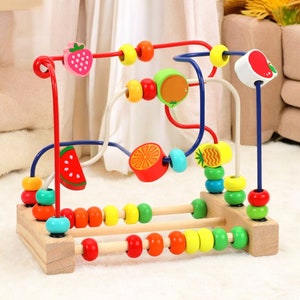 Juguetes de madera para niños, dibujos animados de frutas, cuentas, juego de aprendizaje, Montessori, círculos, educación temprana, laberinto, rompecabezas