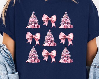 Coquette Pink Christmas Shirt, Pink Bow Christmas Tee, Christmas Girl Shirt, Cute Winter Shirt, Christmas Party Tees, Womens Christmas Shirt