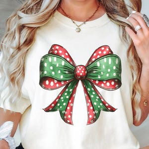 Comfort Colors Christmas Coquette Bow Shirt, Christmas Party Tees, Women&#39;s Christmas Shirt, Women&#39;s Holiday Party Tee, Cute Winter Shirt
