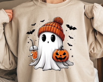 Halloween Ghost Sweatshirt, Cute Ghost Sweatshirt, Spooky Season Sweater, Women Halloween Sweater, Spooky Ghost Coffee Sweater, Fall Sweater