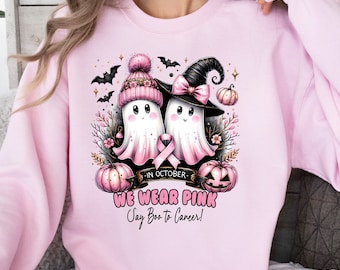 In October We Wear Pink Ghost Sweatshirt, Breast Cancer Awareness Sweater, Pink Ribbon Sweatshirt, Ghost Cancer Sweater, Cancer Warrior Gift